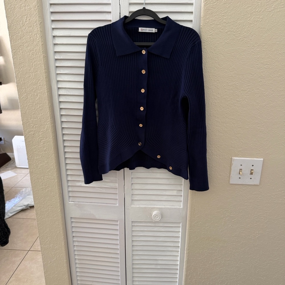 Nancy Yang Navy Ribbed Button-Up Cardigan - Picture 11 of 11